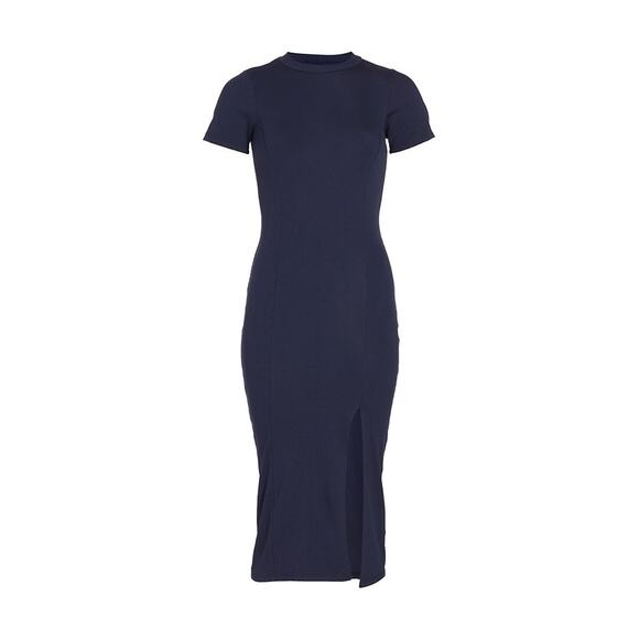 NSF Collins Ribbed Short Sleeve Slit Midi Bodycon Dress in Deep Sea Blue Medium - Picture 2 of 7